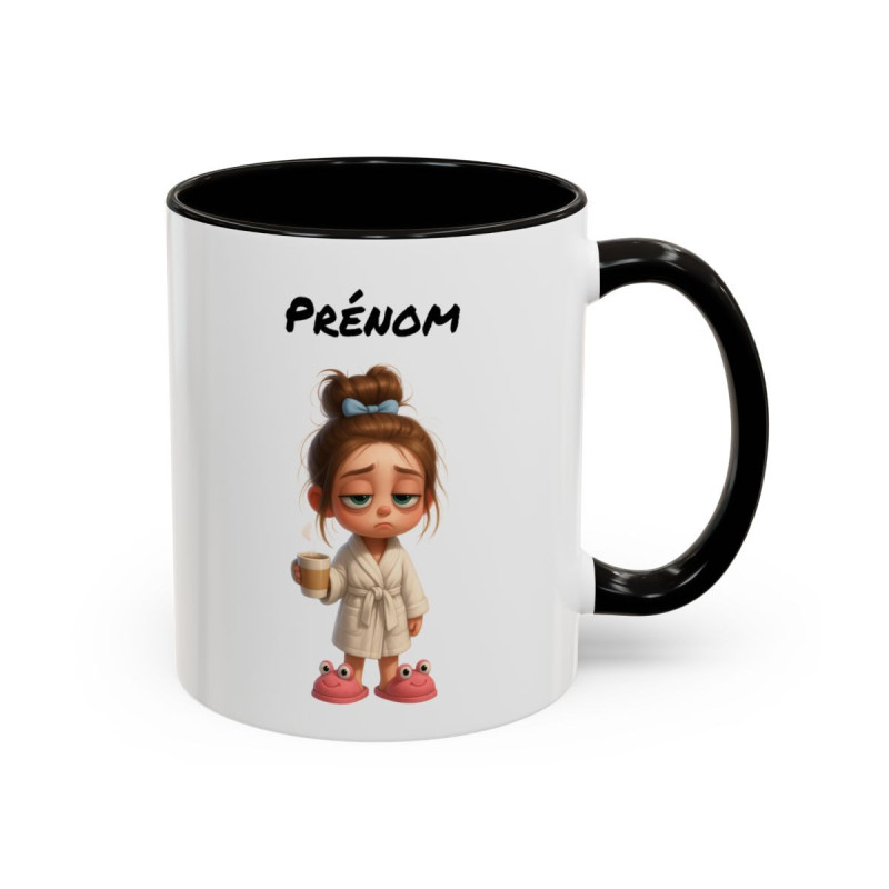 Mug Personnalisé Prénom – Tasse Fille Fatiguée avec Café – Cadeau Humour Matin