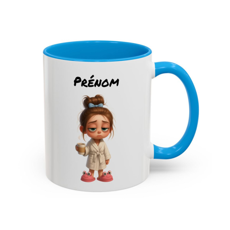 Mug Personnalisé Prénom – Tasse Fille Fatiguée avec Café – Cadeau Humour Matin