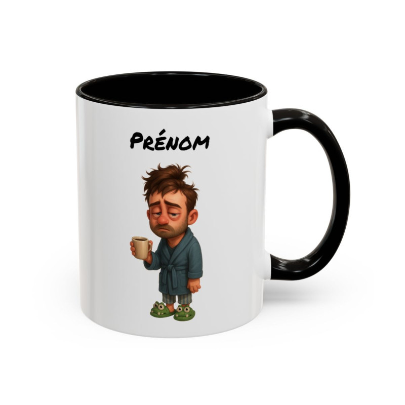Mug Personnalisé Prénom – Tasse Homme Fatigué avec Café – Cadeau Humour Matin