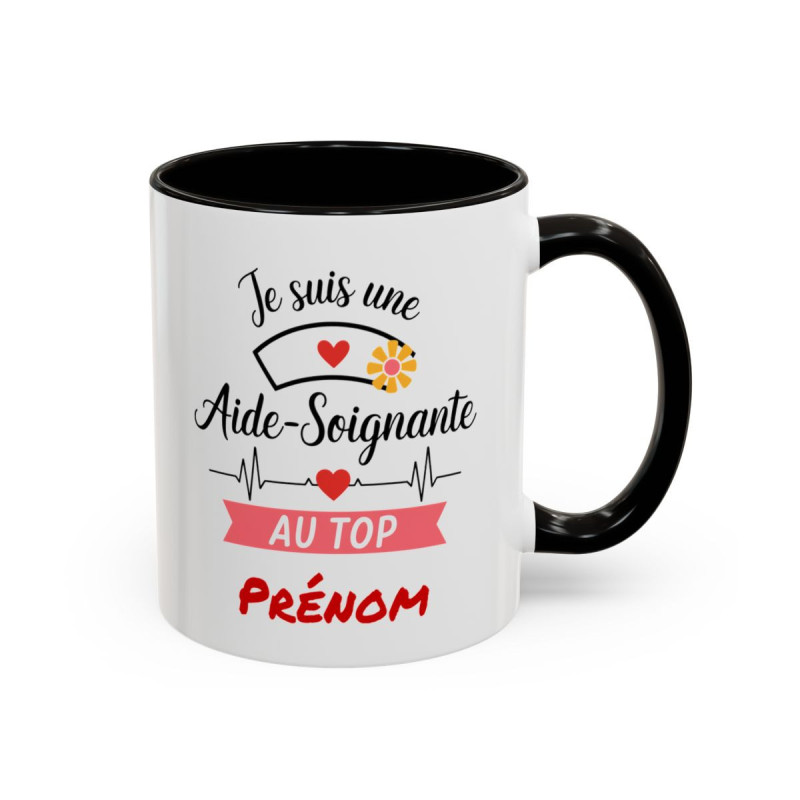 Mug Personnalisable Aide-Soignante Au Top – Tasse Prénom Noir Bleu Rouge – Cadeau Métier Santé