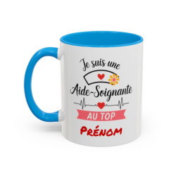 Mug Personnalisable Aide-Soignante Au Top – Tasse Prénom Noir Bleu Rouge – Cadeau Métier Santé