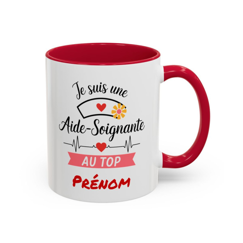 Mug Personnalisable Aide-Soignante Au Top – Tasse Prénom Noir Bleu Rouge – Cadeau Métier Santé