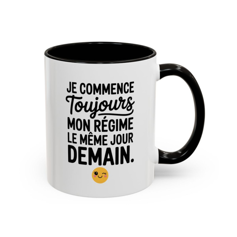 Tasse Humour Régime Demain – Mug Smiley Clin d’Œil Drôle – Cadeau Motivation et Autodérision 325ml