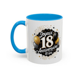 Mug Joyeux 18 Ans – Tasse Anniversaire 18 Ans Cadeau Original Homme Femme Noir Bleu Rouge 325ml