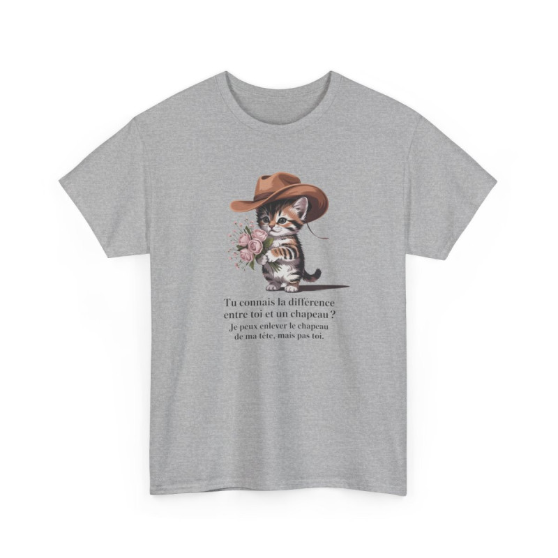 T-shirt Humour Chat Tu Connais la Différence Entre Toi et un Chapeau – Tee Shirt Chaton Cowboy Unisexe