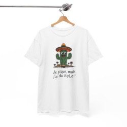 Tee Shirt Humour Cactus Je pique mais j’ai du style – T-shirt Fun Sombrero Mexique Blanc Gris Noir – Idée Cadeau Drôle