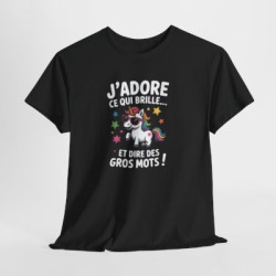 Tee Shirt Licorne Humour J’adore ce qui brille et dire des gros mots – T-shirt Licorne Drôle Blanc Gris Noir