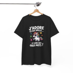 Tee Shirt Licorne Humour J’adore ce qui brille et dire des gros mots – T-shirt Licorne Drôle Blanc Gris Noir