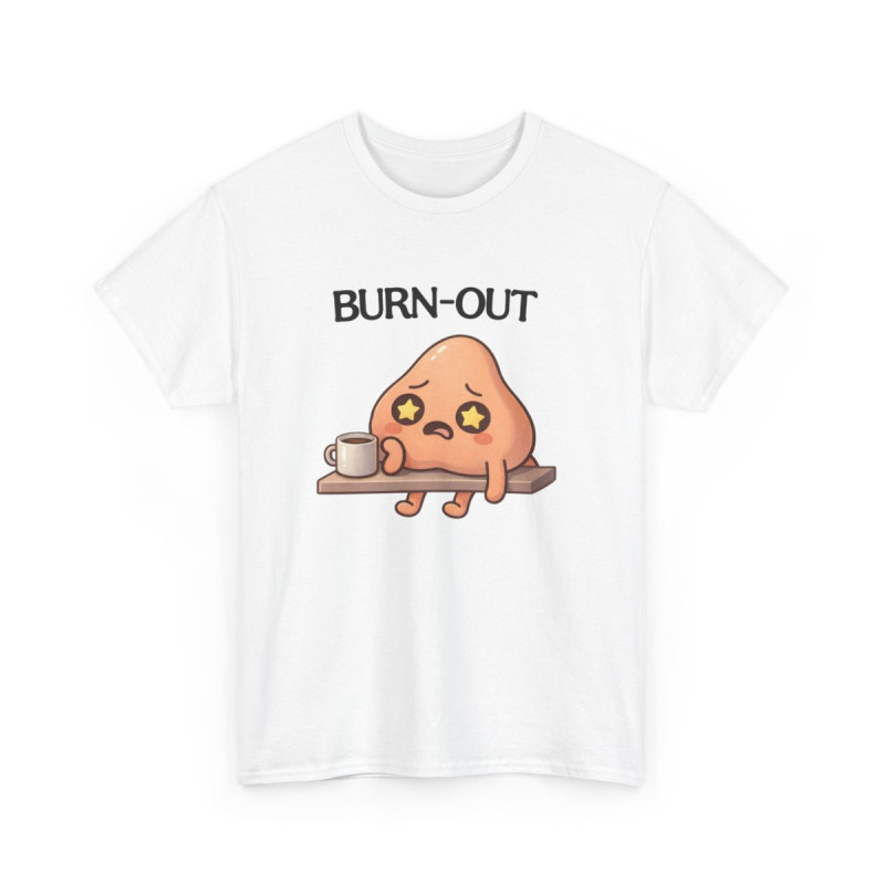Tee Shirt Burn Out Humour Travail – Personnage Fatigué avec Café – T-shirt Drôle Bureau Blanc Gris Noir