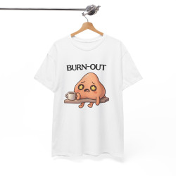 Tee Shirt Burn Out Humour Travail – Personnage Fatigué avec Café – T-shirt Drôle Bureau Blanc Gris Noir