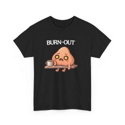 Tee Shirt Burn Out Humour Travail – Personnage Fatigué avec Café – T-shirt Drôle Bureau Blanc Gris Noir
