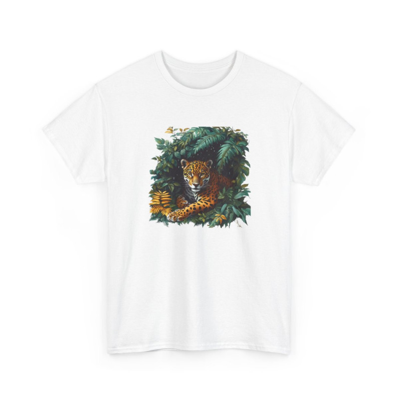 Tee Shirt Jaguar Jungle Tropicale – Félin Sauvage Feuillage Exotique – T-shirt Animal Nature Blanc Gris Noir