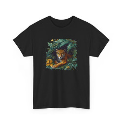 Tee Shirt Jaguar Jungle Tropicale – Félin Sauvage Feuillage Exotique – T-shirt Animal Nature Blanc Gris Noir