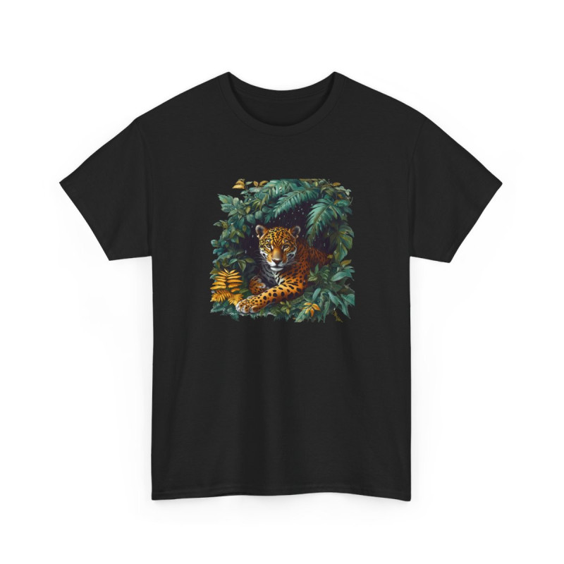 Tee Shirt Jaguar Jungle Tropicale – Félin Sauvage Feuillage Exotique – T-shirt Animal Nature Blanc Gris Noir