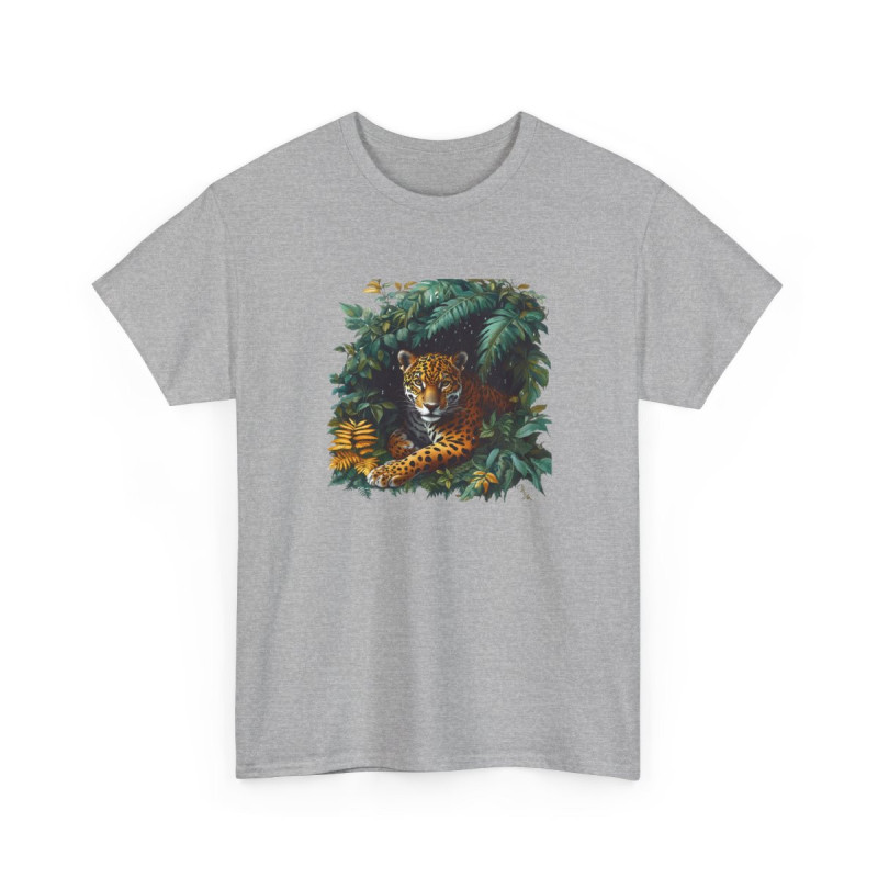Tee Shirt Jaguar Jungle Tropicale – Félin Sauvage Feuillage Exotique – T-shirt Animal Nature Blanc Gris Noir