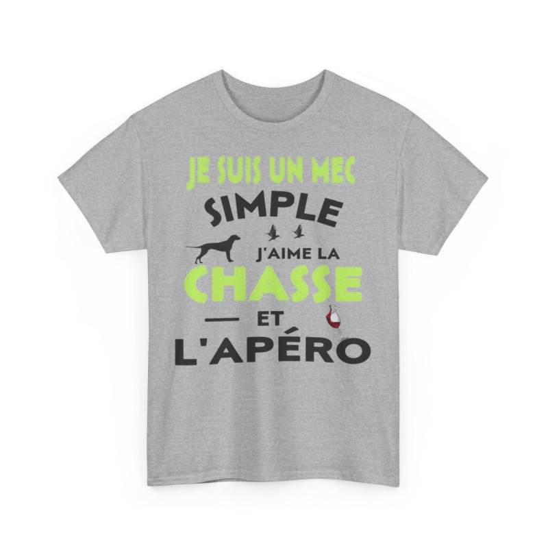 Tee shirt Homme Je suis un mec simple j'aime la chasse et l'apéro idée cadeau humour drôle