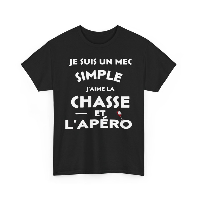 Tee shirt Homme Je suis un mec simple j'aime la chasse et l'apéro idée cadeau humour drôle