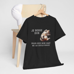 Tee shirt Chat Je Bosse Dur pour Mon Chat idée cadeau rigolo humour drôle amusant pour homme et femme