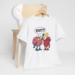 T shirt Blanc avec Design Cerveau et Cœur - idée cadeau Humour Idiot ! pour Homme et Femme