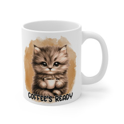Mug "Coffee's Ready" avec Chat – Tasse Céramique 325ml – Cadeau Amusant pour Amoureux des Chats et du Café