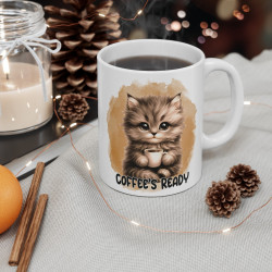 Mug "Coffee's Ready" avec Chat – Tasse Céramique 325ml – Cadeau Amusant pour Amoureux des Chats et du Café