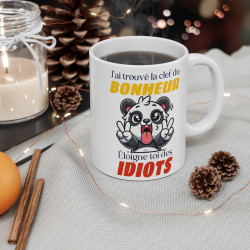 Mug "J'ai trouvé la clef du bonheur, éloigne-toi des idiots" – Tasse Céramique 325ml avec Panda – Cadeau Humour