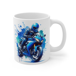 Mug Motard Moto Bleu– Tasse Céramique 325ml avec Design Moto – Cadeau Passion Moto et Aventure