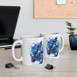 Mug Motard Moto Bleu– Tasse Céramique 325ml avec Design Moto – Cadeau Passion Moto et Aventure