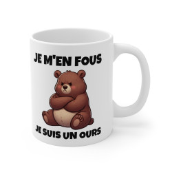 Mug "Je m'en fous, je suis un ours" – Tasse Céramique 325ml avec Ours Croisant les Bras – Cadeau Humour et Attitude