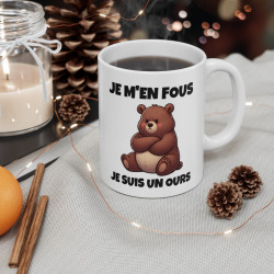 Mug "Je m'en fous, je suis un ours" – Tasse Céramique 325ml avec Ours Croisant les Bras – Cadeau Humour et Attitude