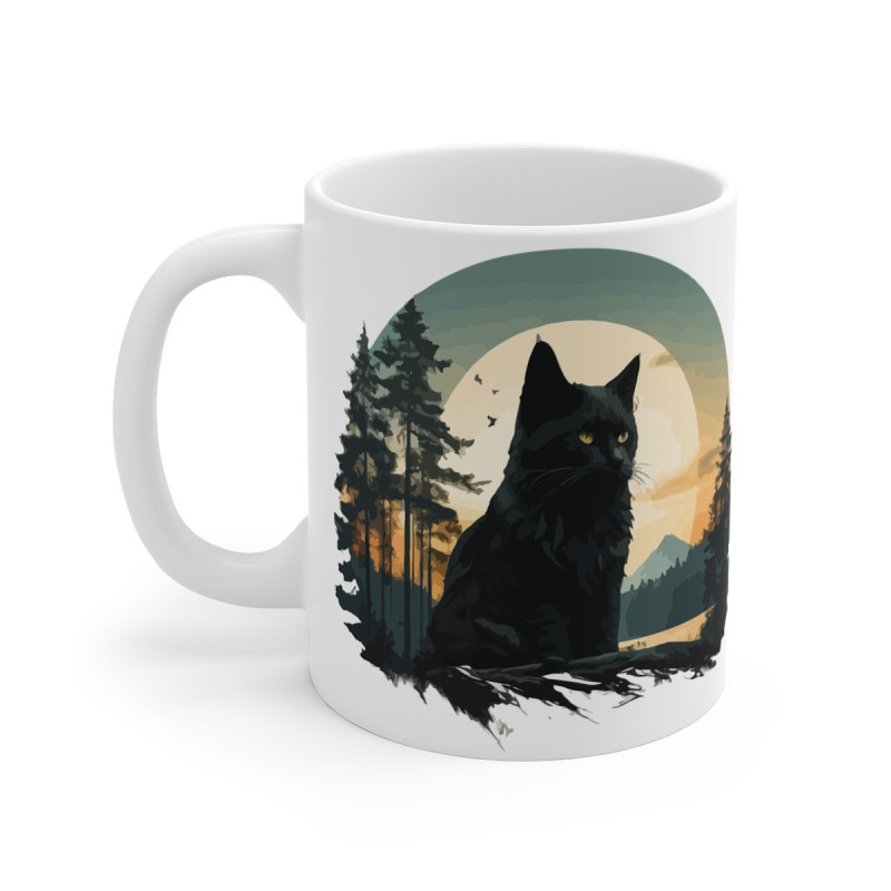Mug Chat Noir et Forêt – Tasse Céramique 325ml avec Design Mystique et Nature – Cadeau Félin et Nature Sauvage