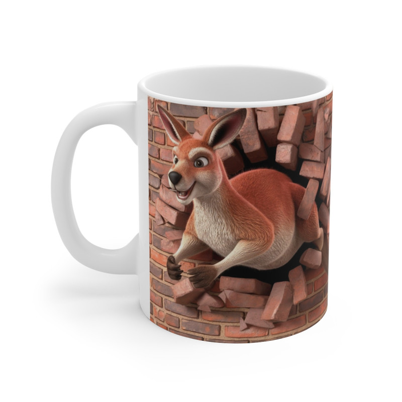 Mug humoristique design 3D kangourou sautant à travers un mur de briques - Cadeau original et fun