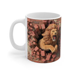 Mug 3D Lion Rugissant Défonçant un Mur de Briques - Pour les Amateurs de Fauves et d'Aventure