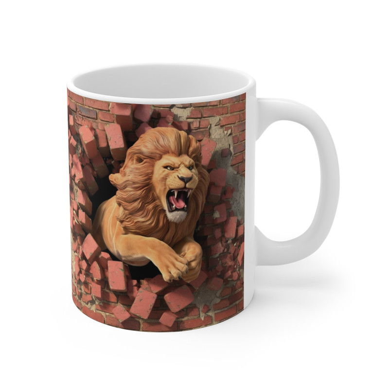Mug 3D Lion Rugissant Défonçant un Mur de Briques - Pour les Amateurs de Fauves et d'Aventure