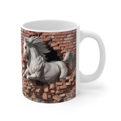 Mug Cheval Blanc Majestueux Défonçant un Mur de Briques - Design 3D Époustouflant pour Amoureux des Chevaux