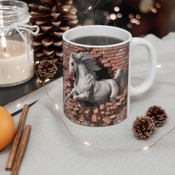 Mug Cheval Blanc Majestueux Défonçant un Mur de Briques - Design 3D Époustouflant pour Amoureux des Chevaux