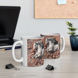 Mug Cheval Blanc Majestueux Défonçant un Mur de Briques - Design 3D Époustouflant pour Amoureux des Chevaux