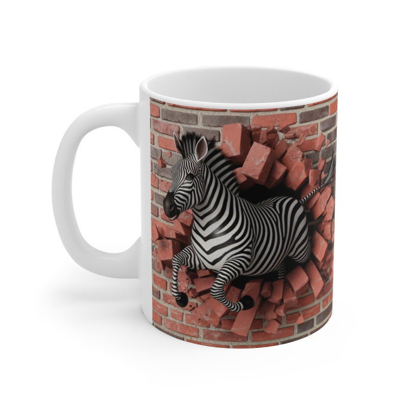 Mug Zèbre Sauvage Traversant un Mur de Briques - Design 3D Dynamique pour Amoureux de la Faune Africaine et de l'Art Original
