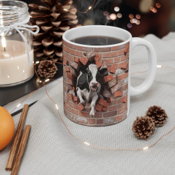 Mug Vache Holstein Traversant un Mur de Briques - Design 3D Amusant et Original pour les Amoureux de la Ferme et des Animaux