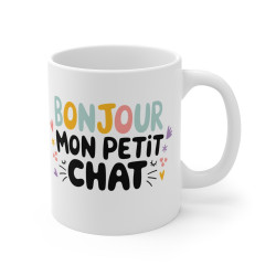 Mug "Bonjour Mon Petit Chat" - Cadeau Mignon pour Les Amoureux des Chats - Tasse en Céramique
