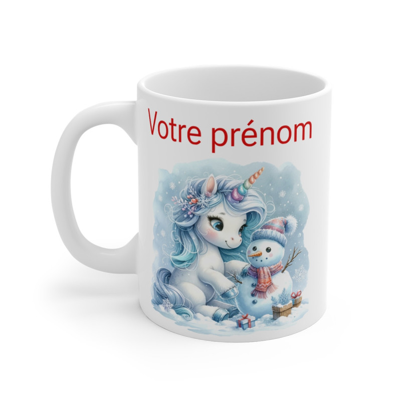 Mug Licorne Personnalisable avec Prénom et Bonhomme de Neige - Cadeau Hivernal Fantaisie