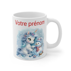 Mug Licorne Personnalisable avec Prénom et Bonhomme de Neige - Cadeau Hivernal Fantaisie