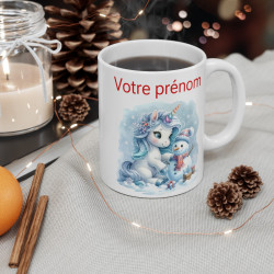 Mug Licorne Personnalisable avec Prénom et Bonhomme de Neige - Cadeau Hivernal Fantaisie