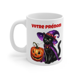 Tasse Mug Chat Noir Sorcière en Céramique Halloween - Idée Cadeau Originale Personnalisable - pour Enfants et Adultes