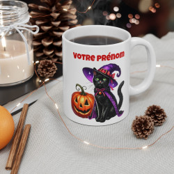 Tasse Mug Chat Noir Sorcière en Céramique Halloween - Idée Cadeau Originale Personnalisable - pour Enfants et Adultes