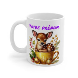 Tasse Mug Personnalisable "Prénom" avec Petit Faon de Noël en Céramique - Cadeau Festif et Unique