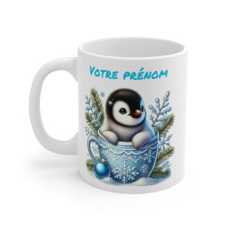 Tasse Mug Personnalisable "Prénom" avec Pingouin de Noël en Céramique - Cadeau Hivernal Unique