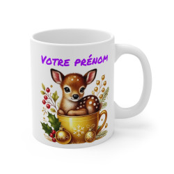 Tasse Mug Personnalisable "Prénom" avec Petit Faon de Noël en Céramique - Cadeau Festif et Unique