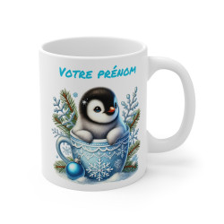 Tasse Mug Personnalisable "Prénom" avec Pingouin de Noël en Céramique - Cadeau Hivernal Unique