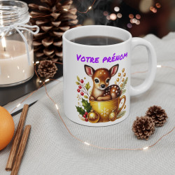 Tasse Mug Personnalisable "Prénom" avec Petit Faon de Noël en Céramique - Cadeau Festif et Unique
